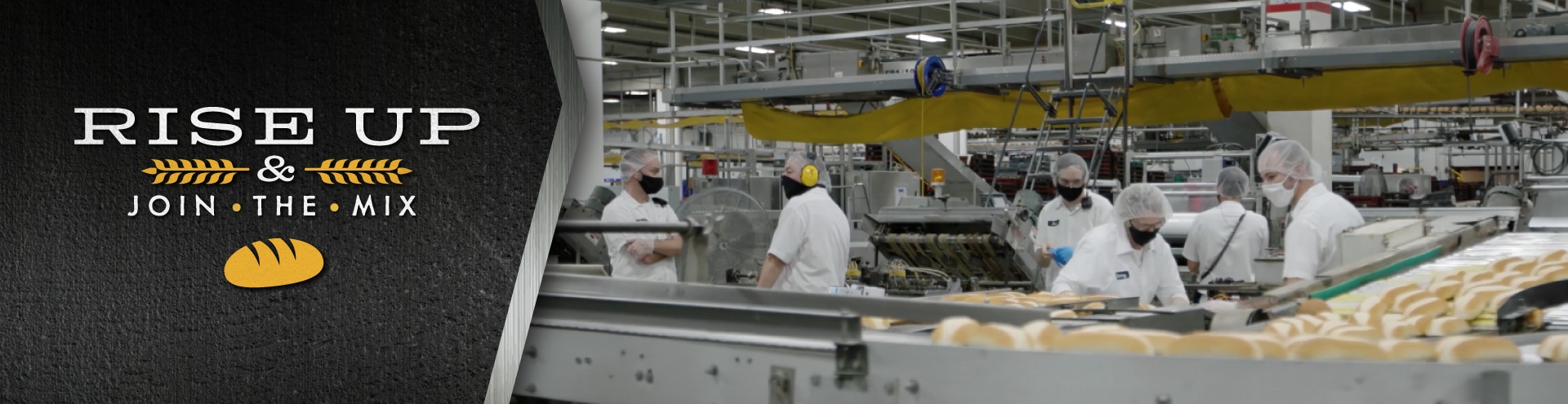 A Country Hearth online banner featuring an image of factory workers at the Pan-O-Gold Baking Company in St. Cloud, MN and the text "Rise Up & Join The Mix" and a loaf of bread icon.