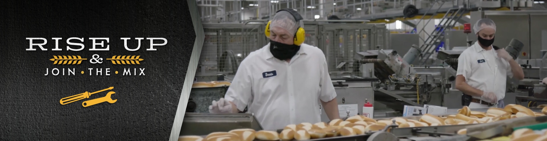 A Pan-O-Gold Maintenance job online banner features an image of maintenance workers operating a bread production line equipment with the text "Rise Up & Join The Mix" and the maintenance icon.