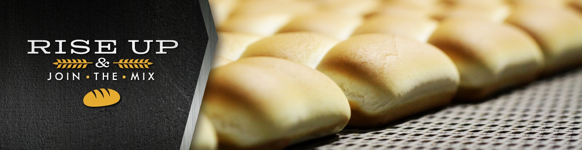 Online banner features a close up image of bread buns in the Pan-O-Gold Baking Company and the text "Rise Up & Join The Mix" and the loaf of bread icon in orange